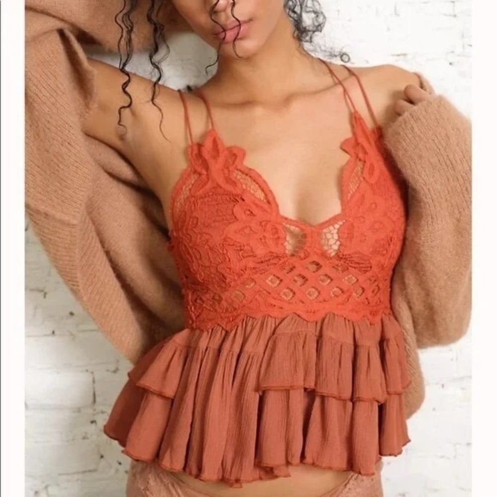 Free People Adella Lace‎ Ruffle Babydoll Cami Tank Top XS Boho Fairy Whimsical